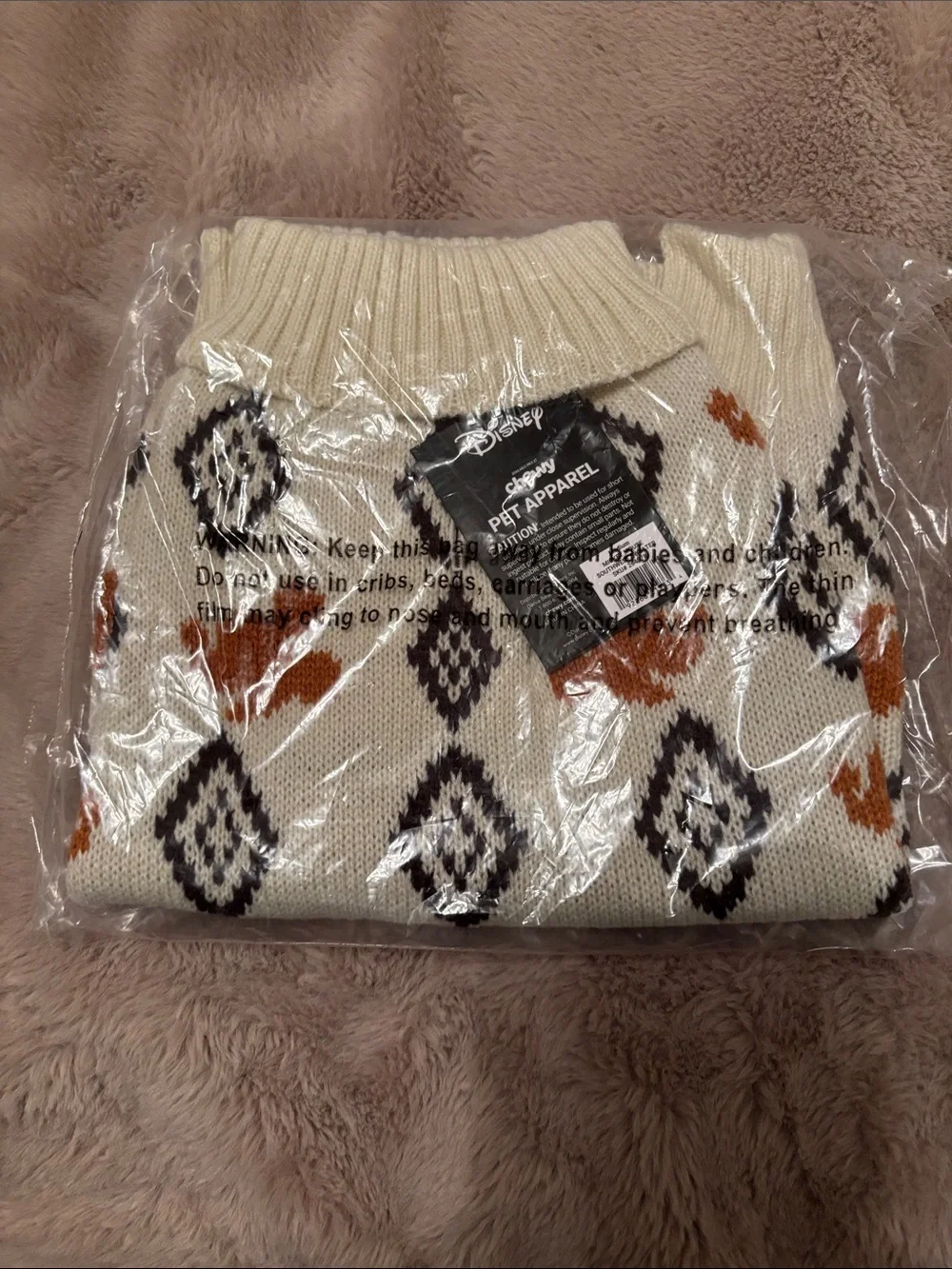 Disney Cream Pet Sweater with Rust and Black Diamond Motif